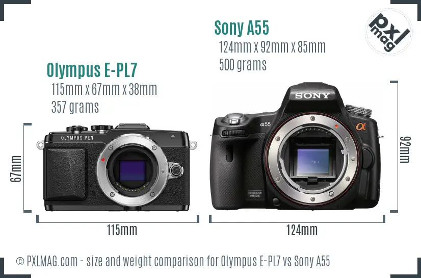 Olympus E-PL7 vs Sony A55 size comparison