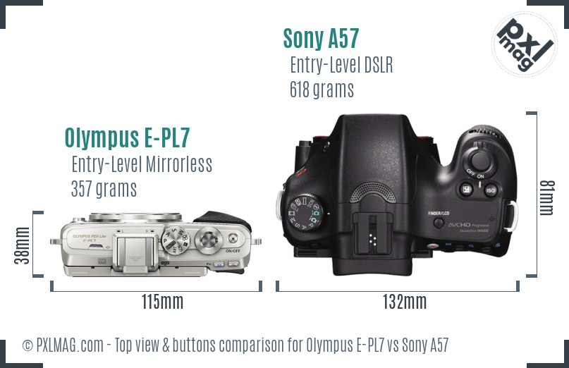 Olympus E-PL7 vs Sony A57 top view buttons comparison