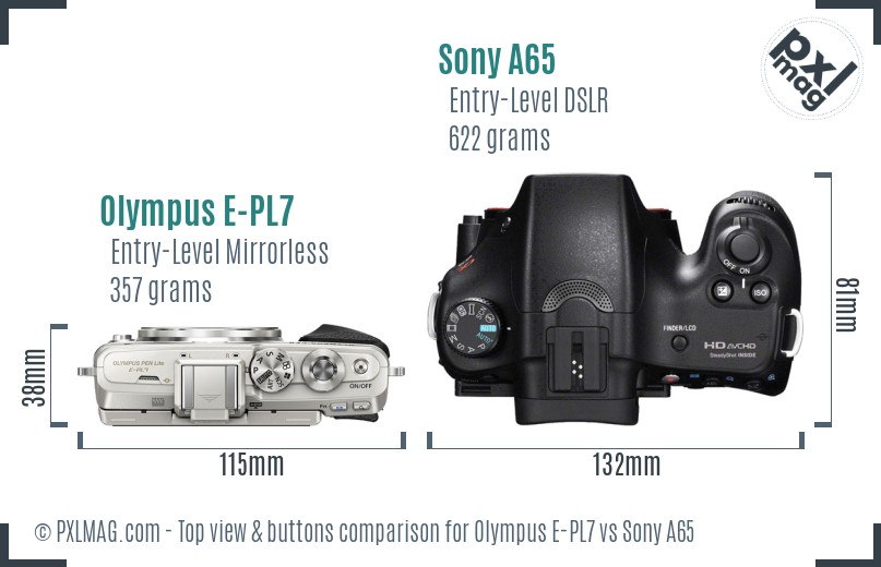 Olympus E-PL7 vs Sony A65 top view buttons comparison