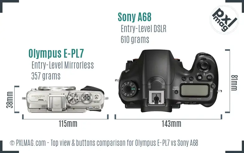 Olympus E-PL7 vs Sony A68 top view buttons comparison