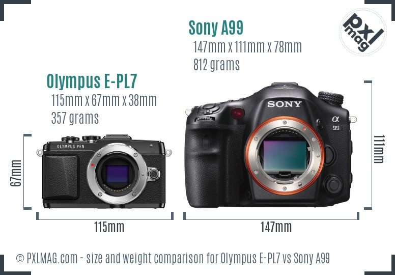 Olympus E-PL7 vs Sony A99 size comparison