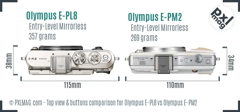 Olympus E-PL8 vs Olympus E-PM2 top view buttons comparison