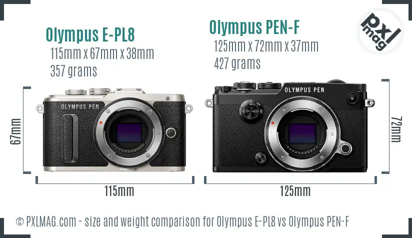 Olympus E-PL8 vs Olympus PEN-F size comparison