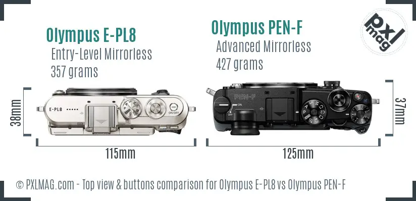 Olympus E-PL8 vs Olympus PEN-F top view buttons comparison