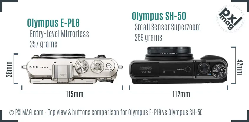 Olympus E-PL8 vs Olympus SH-50 top view buttons comparison