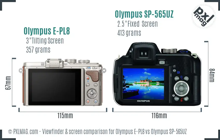 Olympus E-PL8 vs Olympus SP-565UZ Screen and Viewfinder comparison