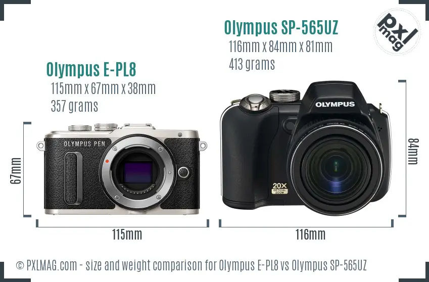 Olympus E-PL8 vs Olympus SP-565UZ size comparison