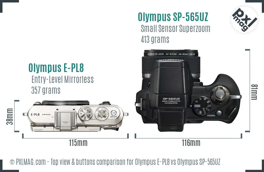 Olympus E-PL8 vs Olympus SP-565UZ top view buttons comparison