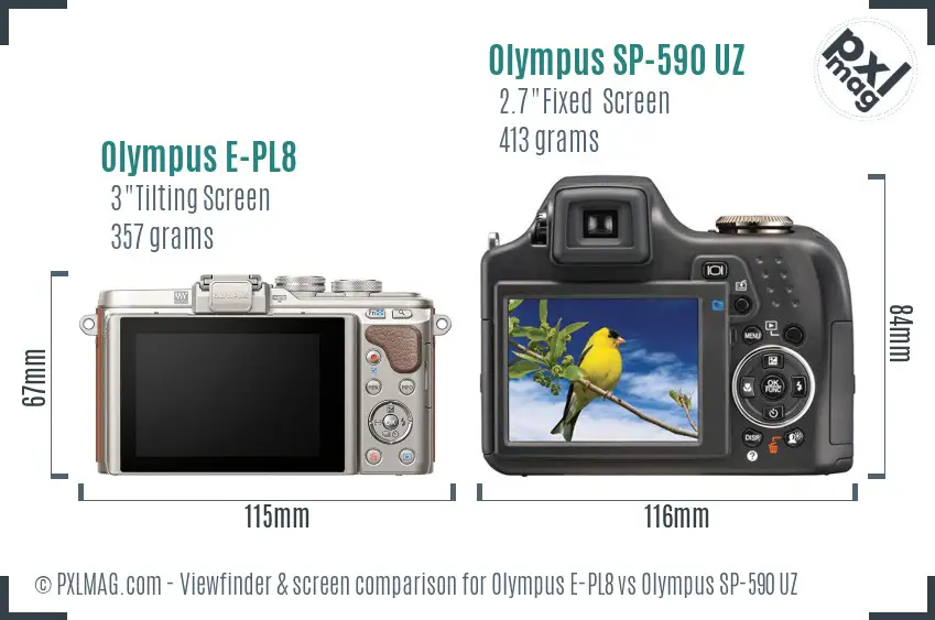 Olympus E-PL8 vs Olympus SP-590 UZ Screen and Viewfinder comparison
