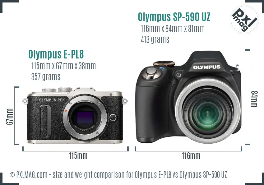 Olympus E-PL8 vs Olympus SP-590 UZ size comparison
