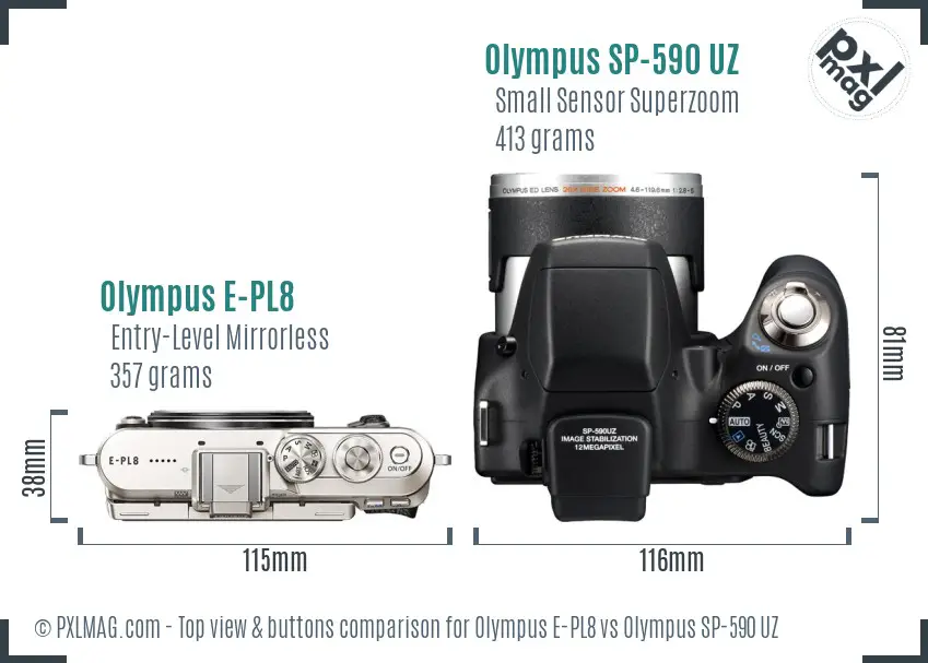 Olympus E-PL8 vs Olympus SP-590 UZ top view buttons comparison