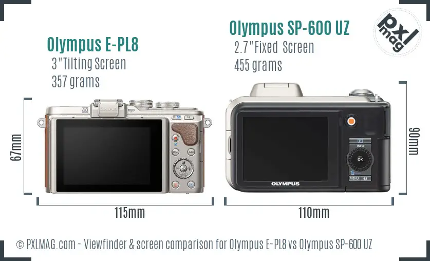 Olympus E-PL8 vs Olympus SP-600 UZ Screen and Viewfinder comparison