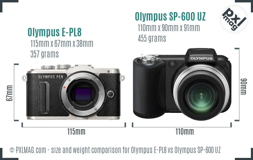 Olympus E-PL8 vs Olympus SP-600 UZ size comparison