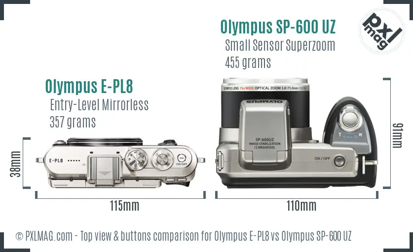 Olympus E-PL8 vs Olympus SP-600 UZ top view buttons comparison