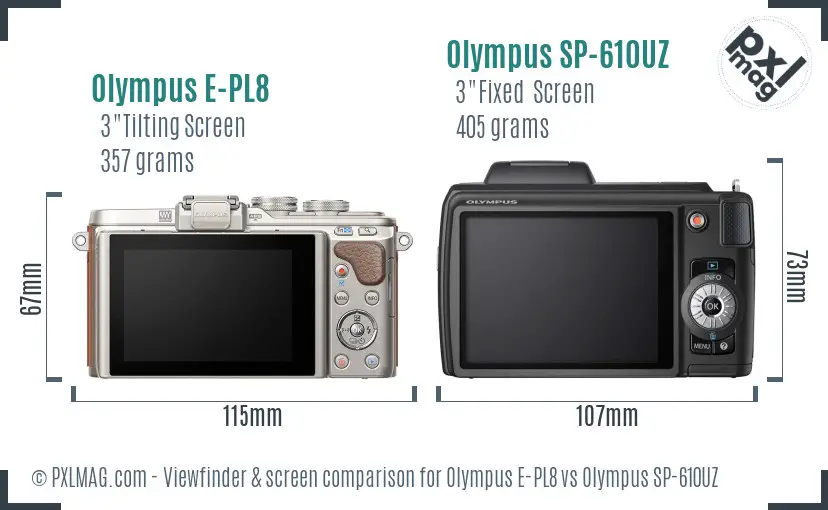 Olympus E-PL8 vs Olympus SP-610UZ Screen and Viewfinder comparison