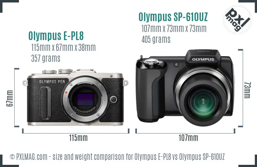 Olympus E-PL8 vs Olympus SP-610UZ size comparison