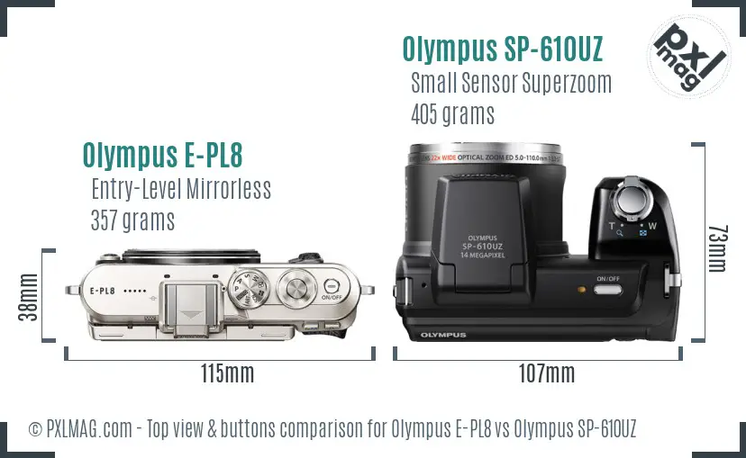 Olympus E-PL8 vs Olympus SP-610UZ top view buttons comparison