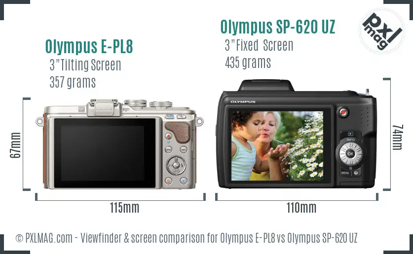 Olympus E-PL8 vs Olympus SP-620 UZ Screen and Viewfinder comparison