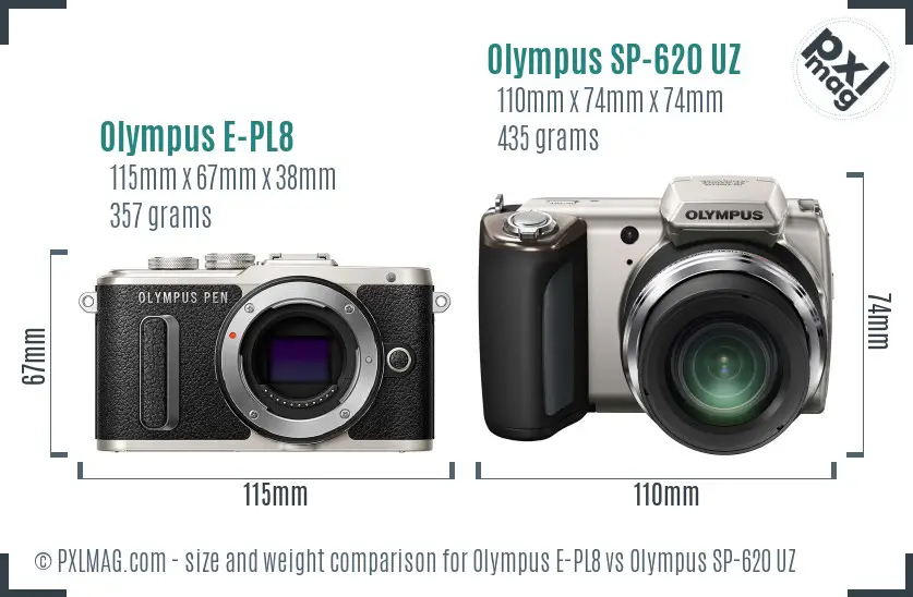 Olympus E-PL8 vs Olympus SP-620 UZ size comparison