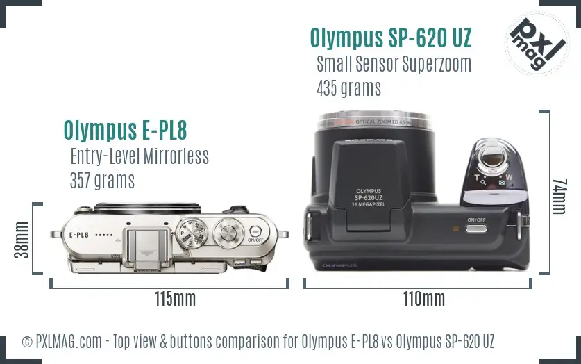 Olympus E-PL8 vs Olympus SP-620 UZ top view buttons comparison
