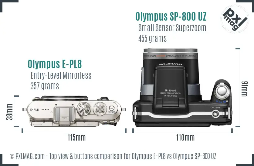 Olympus E-PL8 vs Olympus SP-800 UZ top view buttons comparison