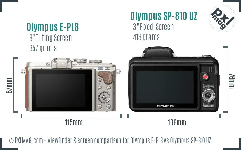 Olympus E-PL8 vs Olympus SP-810 UZ Screen and Viewfinder comparison