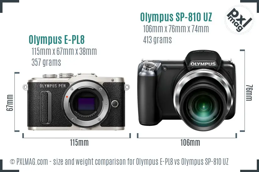 Olympus E-PL8 vs Olympus SP-810 UZ size comparison