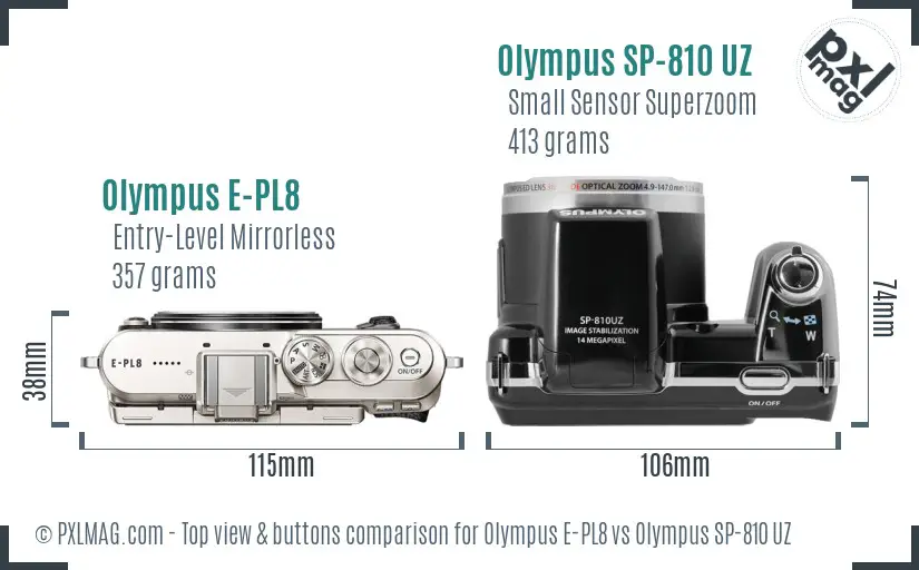 Olympus E-PL8 vs Olympus SP-810 UZ top view buttons comparison