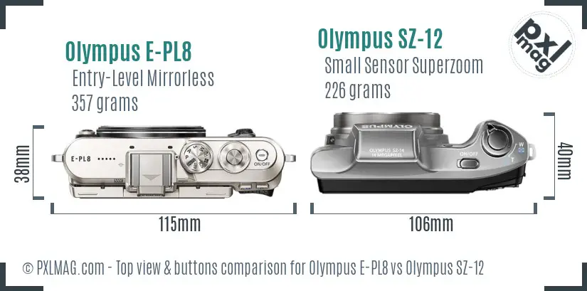 Olympus E-PL8 vs Olympus SZ-12 top view buttons comparison