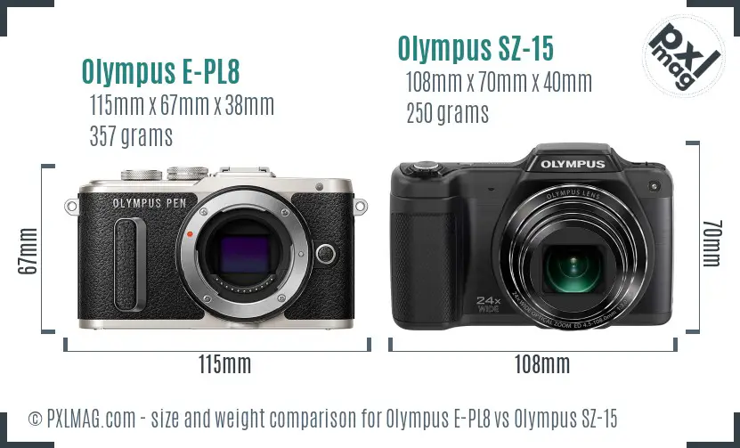 Olympus E-PL8 vs Olympus SZ-15 size comparison