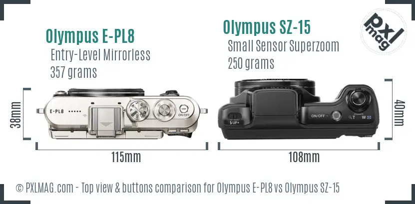 Olympus E-PL8 vs Olympus SZ-15 top view buttons comparison