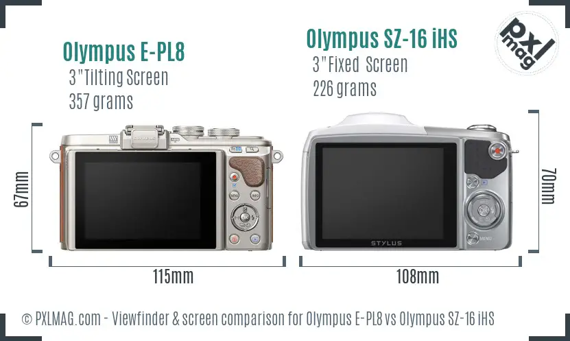 Olympus E-PL8 vs Olympus SZ-16 iHS Screen and Viewfinder comparison