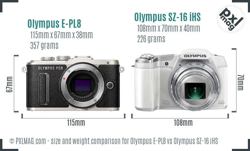 Olympus E-PL8 vs Olympus SZ-16 iHS size comparison