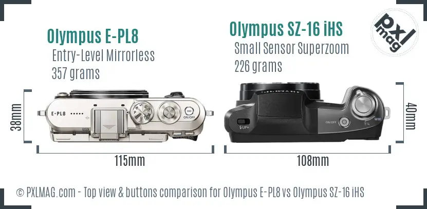 Olympus E-PL8 vs Olympus SZ-16 iHS top view buttons comparison