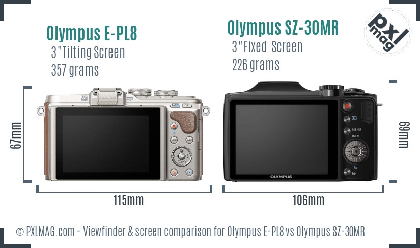 Olympus E-PL8 vs Olympus SZ-30MR Screen and Viewfinder comparison