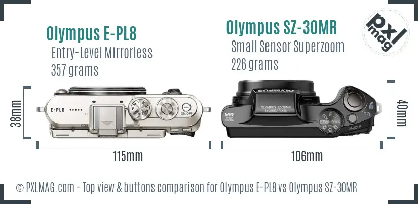 Olympus E-PL8 vs Olympus SZ-30MR top view buttons comparison