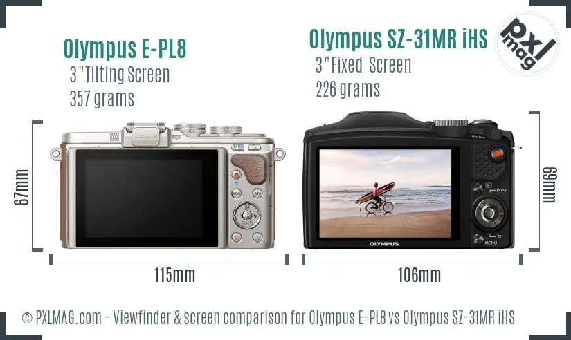 Olympus E-PL8 vs Olympus SZ-31MR iHS Screen and Viewfinder comparison