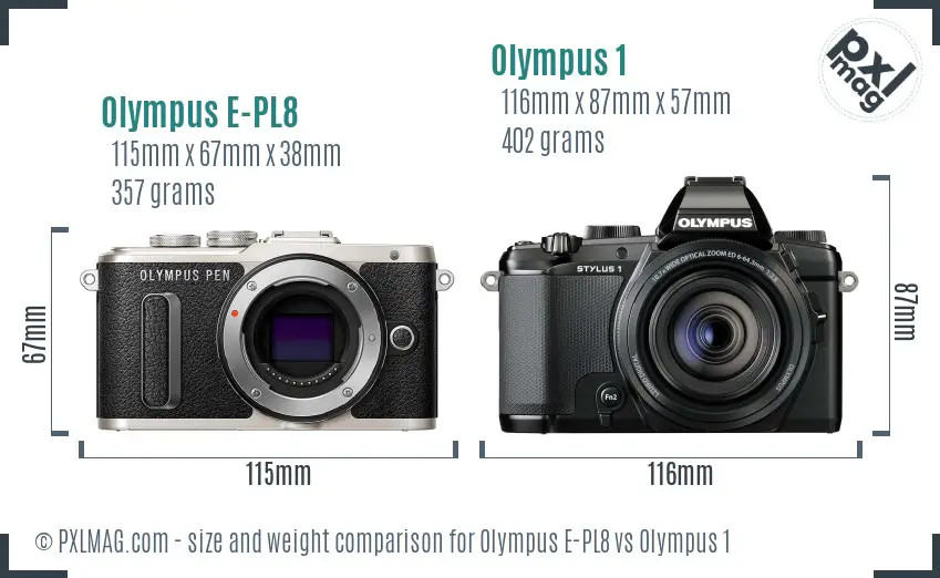 Olympus E-PL8 vs Olympus 1 size comparison