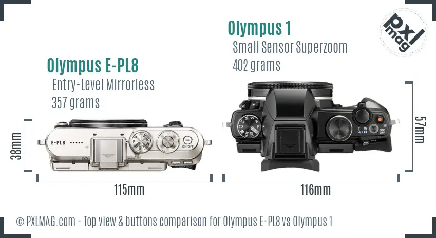 Olympus E-PL8 vs Olympus 1 top view buttons comparison