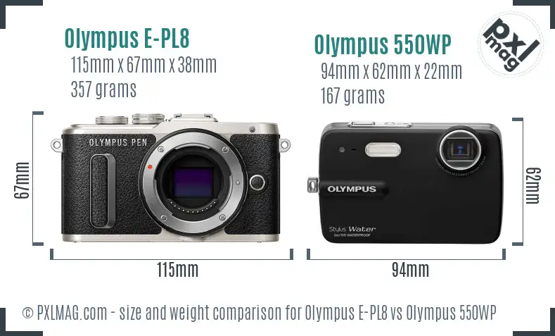 Olympus E-PL8 vs Olympus 550WP size comparison