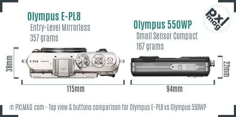 Olympus E-PL8 vs Olympus 550WP top view buttons comparison
