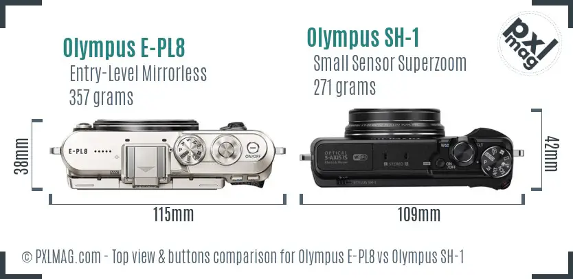 Olympus E-PL8 vs Olympus SH-1 top view buttons comparison