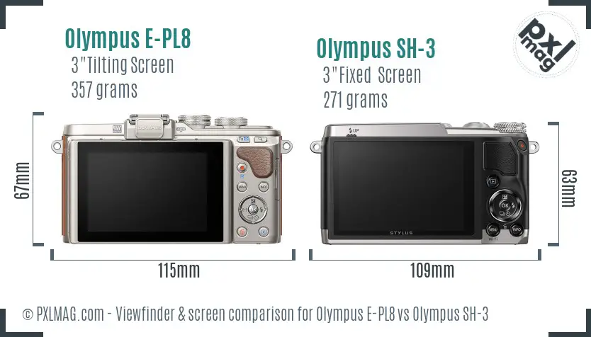 Olympus E-PL8 vs Olympus SH-3 Screen and Viewfinder comparison