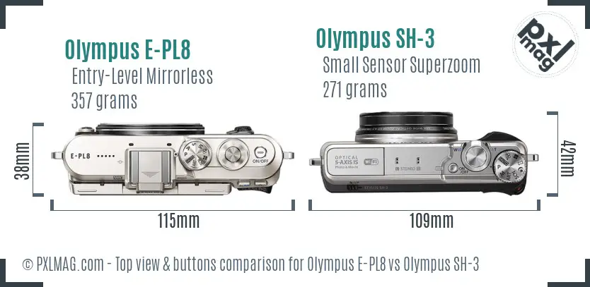 Olympus E-PL8 vs Olympus SH-3 top view buttons comparison