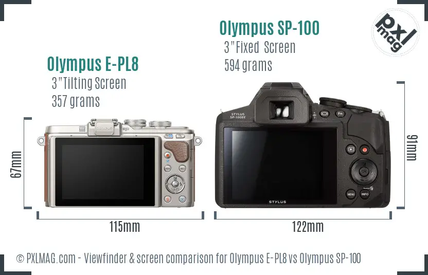 Olympus E-PL8 vs Olympus SP-100 Screen and Viewfinder comparison
