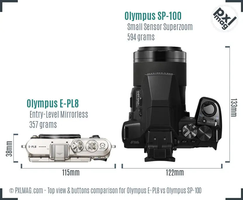 Olympus E-PL8 vs Olympus SP-100 top view buttons comparison
