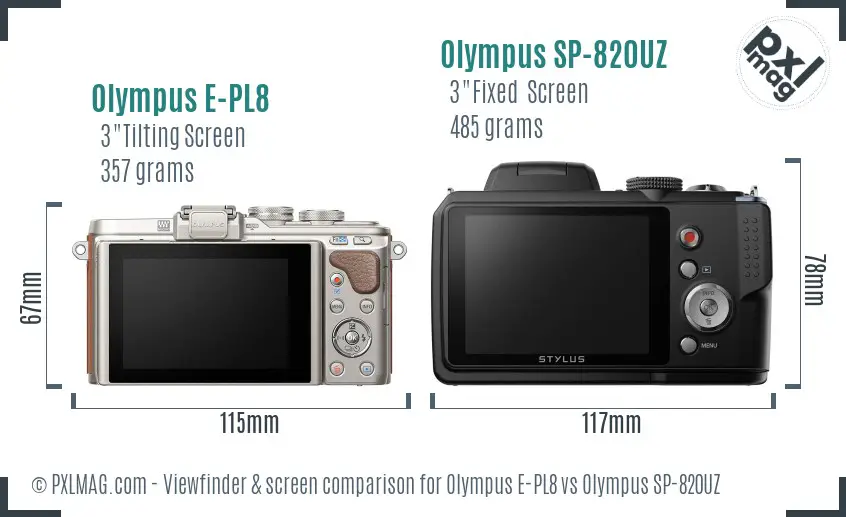 Olympus E-PL8 vs Olympus SP-820UZ Screen and Viewfinder comparison