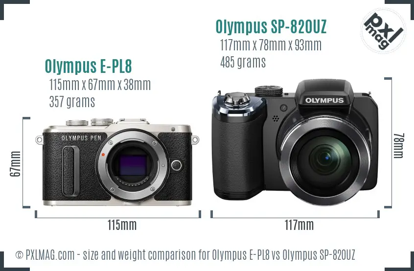 Olympus E-PL8 vs Olympus SP-820UZ size comparison