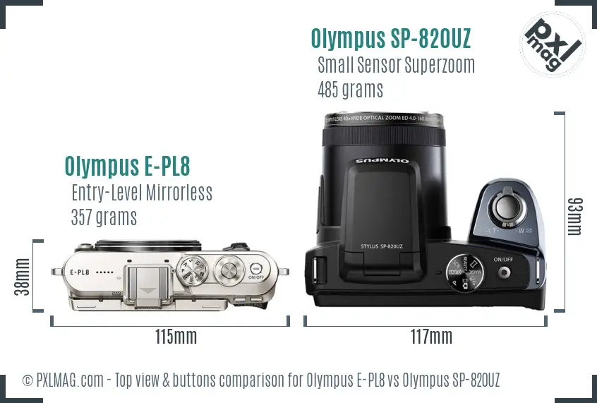 Olympus E-PL8 vs Olympus SP-820UZ top view buttons comparison