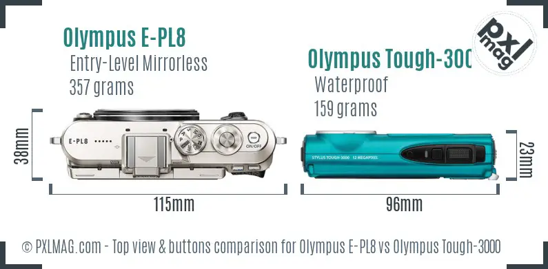 Olympus E-PL8 vs Olympus Tough-3000 top view buttons comparison